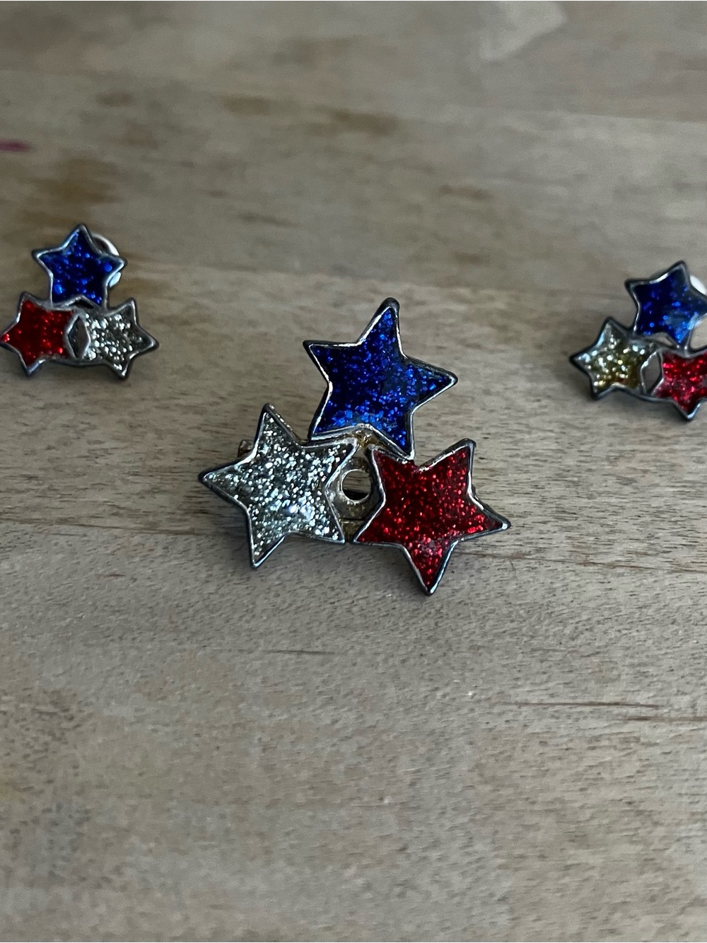 Unique Vintage Sparkle Resin Earrings and Brooch Set - Red, Blue & white glitter